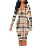 1 Piece Custom Casual Print V Neck Long Sleeve Midi Dresses
