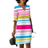 1 Piece Custom Casual Print Striped V Neck Club Dress