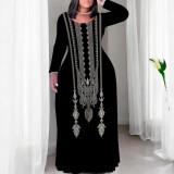 1 Piece Custom Casual Print O Neck Long Sleeve Plus Size Maxi Dress