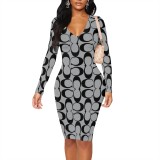 1 Piece Custom Casual Print V Neck Long Sleeve Midi Dresses