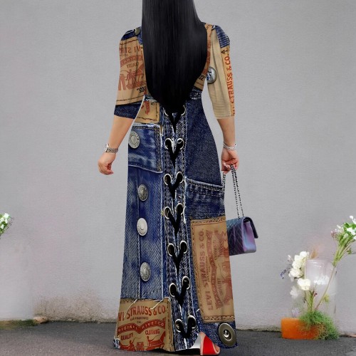 1 Piece Custom Casual Print V Neck Maxi Dresses Imitation Denim Puff Sleeves