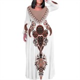 1 Piece Custom Casual Print O Neck Long Sleeve Plus Size Maxi Dress