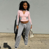 Womens Bodycon Zipper-Up Stitching Outfits Long Sleeve Crop Top Pants
