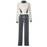 Womens Bodycon Zipper-Up Stitching Outfits Long Sleeve Crop Top Pants