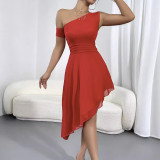 Solid Oblique Shoulder Backless Double Layer Mesh Club Dresses