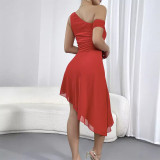 Solid Oblique Shoulder Backless Double Layer Mesh Club Dresses