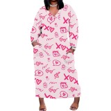 1 Piece Custom Casual Print V Neck Long Sleeve Plus Size Maxi Dress
