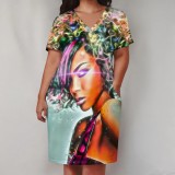 1 Piece Custom Casual Print V Neck Short Sleeve Plus Size Midi Dress