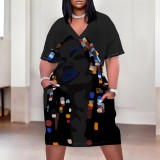 1 Piece Custom Casual Print V Neck Short Sleeve Plus Size Midi Dress