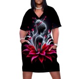 1 Piece Custom Casual Print V Neck Short Sleeve Plus Size Midi Dress