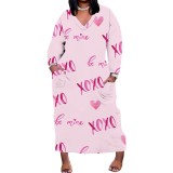 1 Piece Custom Casual Print V Neck Long Sleeve Plus Size Maxi Dress
