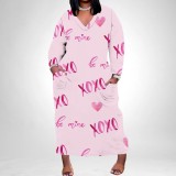 1 Piece Custom Casual Print V Neck Long Sleeve Plus Size Maxi Dress