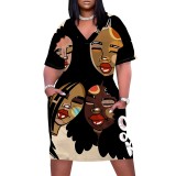1 Piece Custom Casual Print V Neck Short Sleeve Plus Size Midi Dress