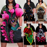1 Piece Custom Casual Print V Neck Short Sleeve Plus Size Midi Dress