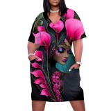 1 Piece Custom Casual Print V Neck Short Sleeve Plus Size Midi Dress
