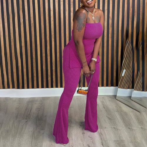 Sexy Solid Color Slim Strapless Pit Women's Two-Piece Outfits