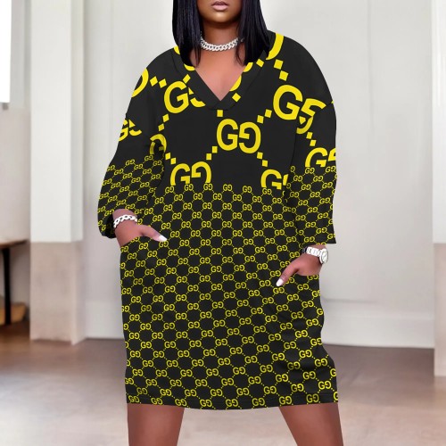 1 Piece Custom Casual Print V Neck Long Sleeve Plus Size Midi Dress