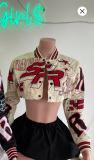 Embroidered Ribbed Single Breasted Baseball Jacket Cropped Varsity Jacket