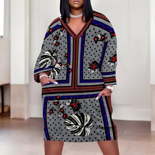 1 Piece Custom Casual Print V Neck Long Sleeve Plus Size Midi Dress