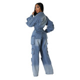 Washed Distressed Denim Cargo Ruffle Sleeve Jumpsuit with Multi-Pocket