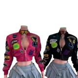 Embroidered Ribbed Single Breasted Baseball Jacket Cropped Varsity Jacket