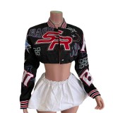 Embroidered Ribbed Single Breasted Baseball Jacket Cropped Varsity Jacket