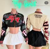 Embroidered Ribbed Single Breasted Baseball Jacket Cropped Varsity Jacket