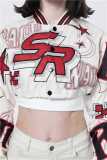 Embroidered Ribbed Single Breasted Baseball Jacket Cropped Varsity Jacket