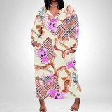 1 Piece Custom Casual Print V Neck Long Sleeve Plus Size Maxi Dress