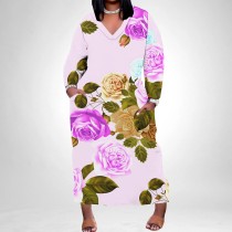 1 Piece Custom Casual Print V Neck Long Sleeve Plus Size Maxi Dress