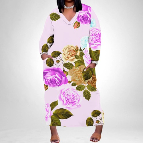 1 Piece Custom Casual Print V Neck Long Sleeve Plus Size Maxi Dress