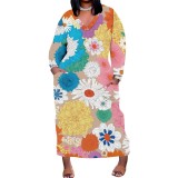 1 Piece Custom Casual Print V Neck Long Sleeve Plus Size Maxi Dress