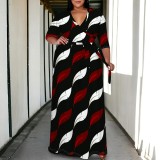 1 Piece Custom Casual Print V Neck 3/4 Sleeve Plus Size Maxi Dress