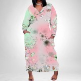 1 Piece Custom Casual Print V Neck Long Sleeve Plus Size Maxi Dress