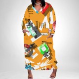 1 Piece Custom Casual Print V Neck Long Sleeve Plus Size Maxi Dress