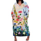 1 Piece Custom Casual Print V Neck Long Sleeve Plus Size Maxi Dress