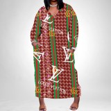 1 Piece Custom Casual Print V Neck Long Sleeve Plus Size Maxi Dress
