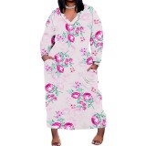 1 Piece Custom Casual Print V Neck Long Sleeve Plus Size Maxi Dress