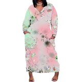 1 Piece Custom Casual Print V Neck Long Sleeve Plus Size Maxi Dress