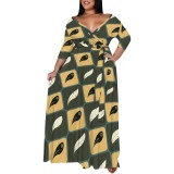 1 Piece Custom Casual Print V Neck 3/4 Sleeve Plus Size Maxi Dress