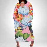 1 Piece Custom Casual Print V Neck Long Sleeve Plus Size Maxi Dress