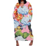 1 Piece Custom Casual Print V Neck Long Sleeve Plus Size Maxi Dress