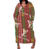 1 Piece Custom Casual Print V Neck Long Sleeve Plus Size Maxi Dress