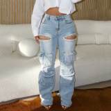 Women Fashion Hollow Rhinestone Cargo Pants Multi-Pocket Washed Jeans
