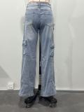 Women Fashion Hollow Rhinestone Cargo Pants Multi-Pocket Washed Jeans