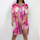 Casual Digital Printing V Neck Slit Short Set