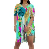 Casual Digital Printing V Neck Slit Short Set