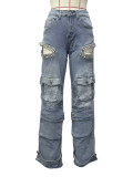 Women Fashion Hollow Rhinestone Cargo Pants Multi-Pocket Washed Jeans