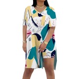 Casual Digital Printing V Neck Slit Short Set