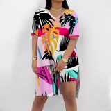 Casual Digital Printing V Neck Slit Short Set